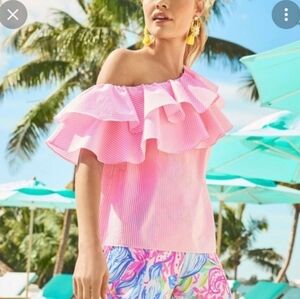 Lilly Pulitzer Trixie Pink Stripe Sersucker Ruffle Off The Shouldee Blouse XS